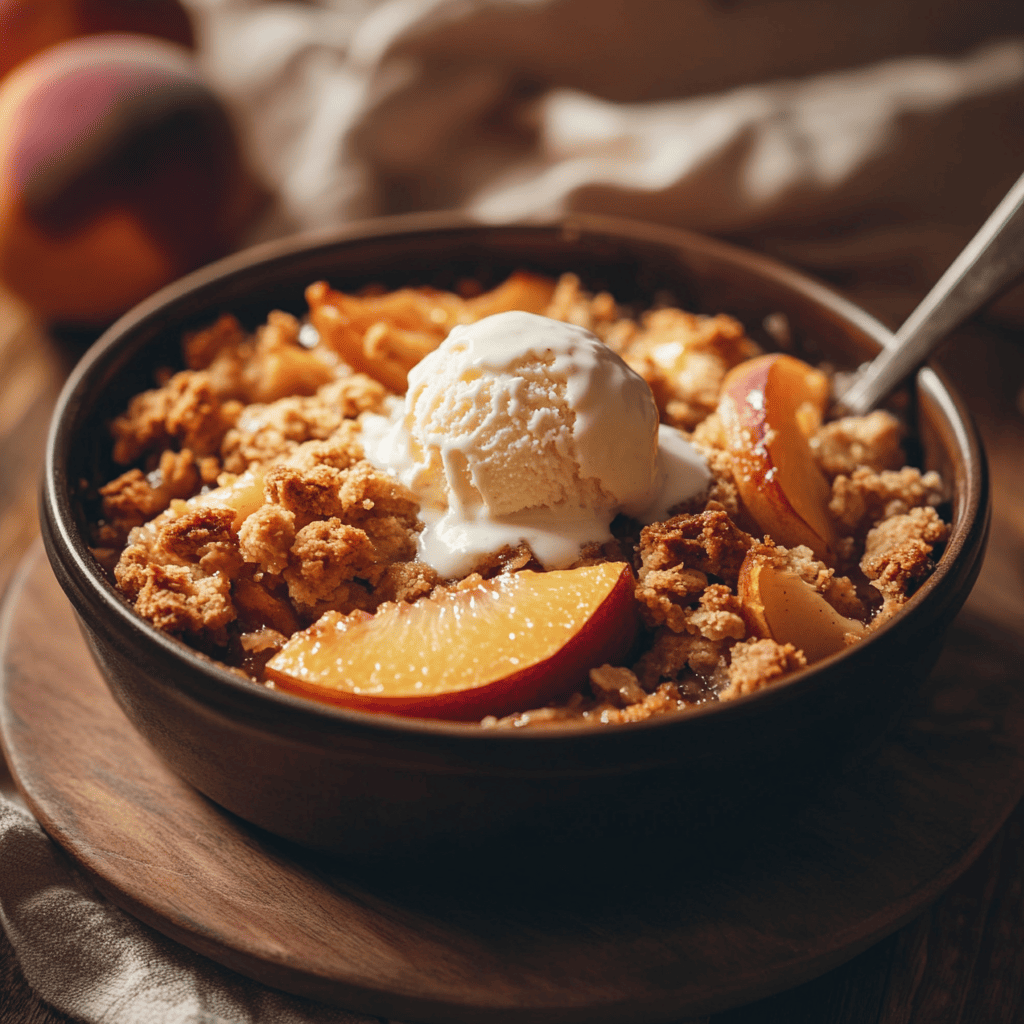 A scoop of peach crumble served with melting vanilla ice cream on top