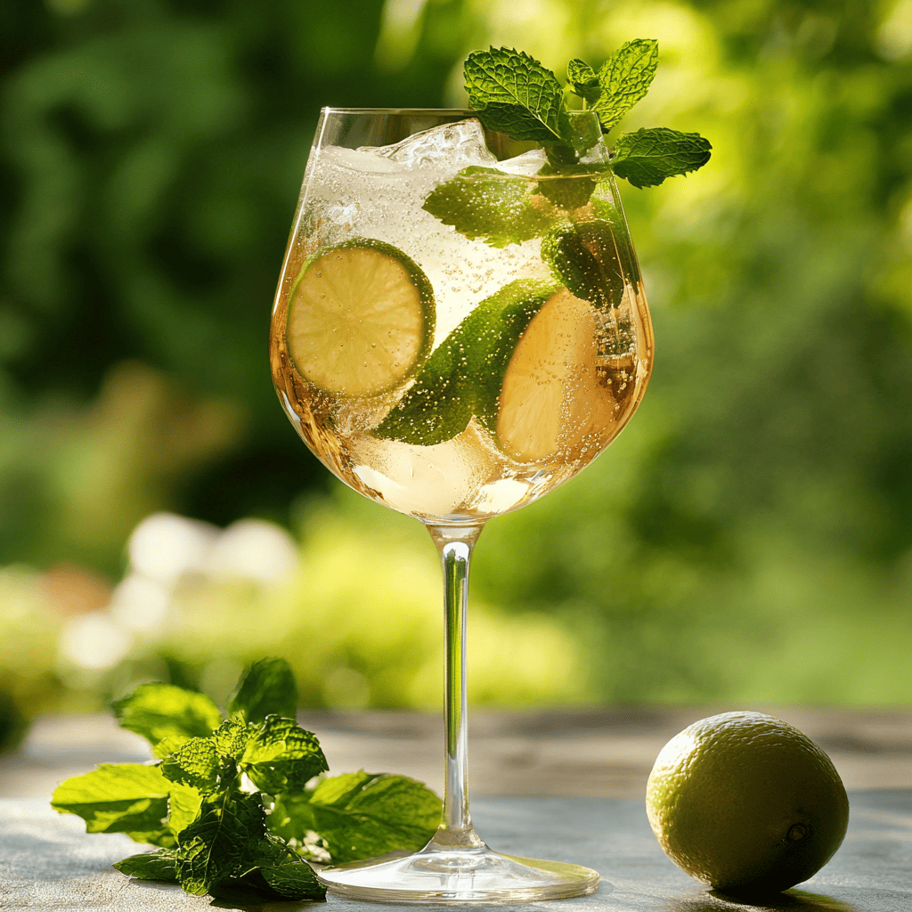 A refreshing Hugo Spritz cocktail with mint leaves, lime slices, and sparkling bubbles served in a wine glass