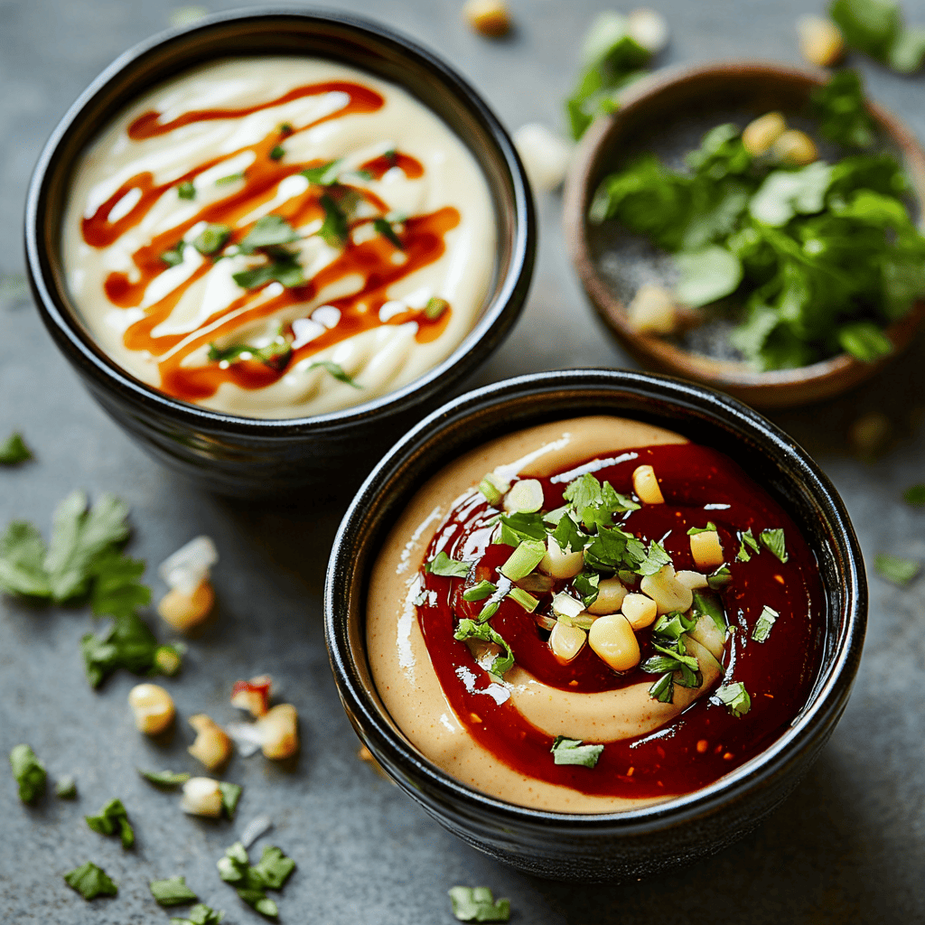 Two dipping bowls, one with a mix of ketchup and mayo and another with chipotle mayo drizzled with honey