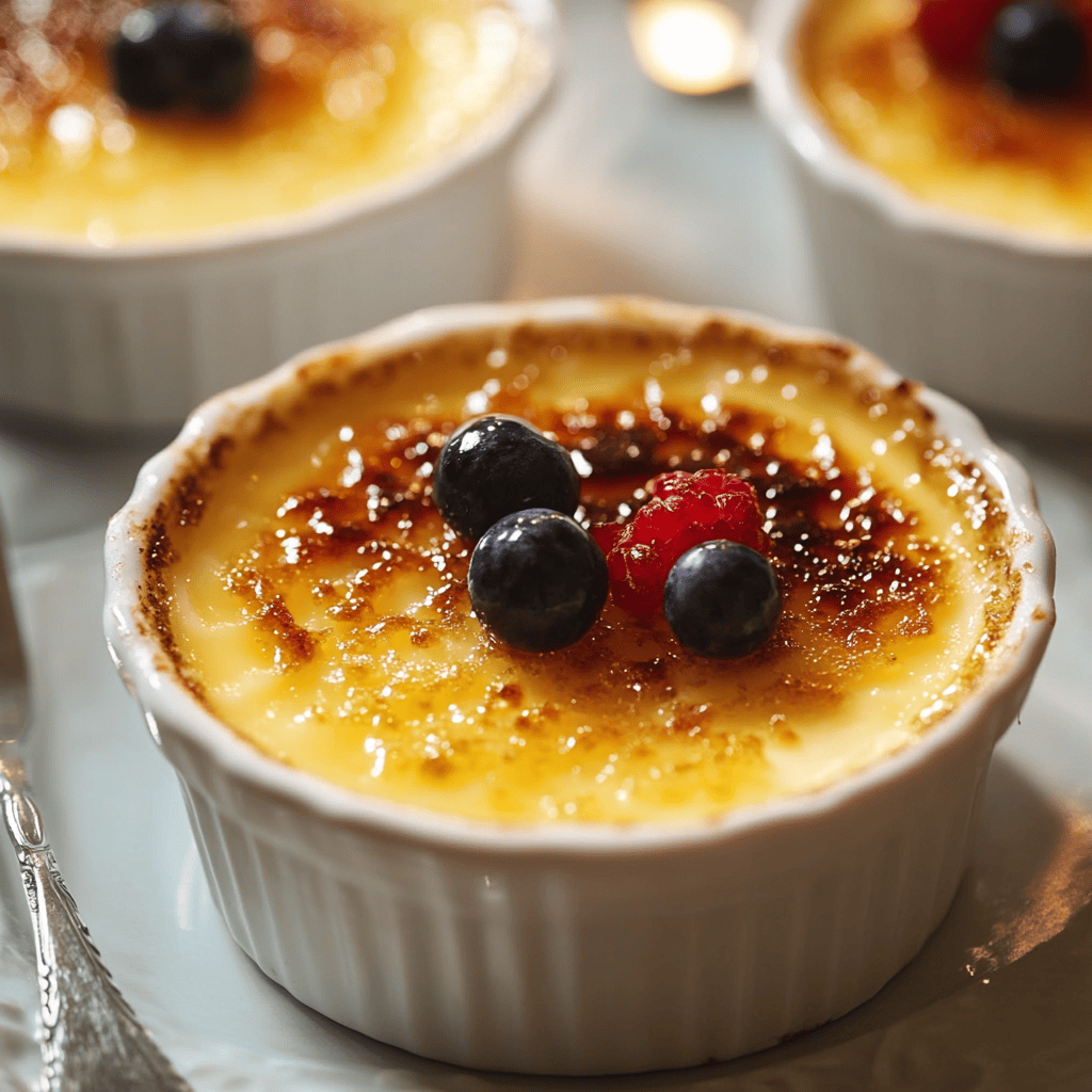 A classic crème brûlée with a golden caramelized crust served in a white ramekin