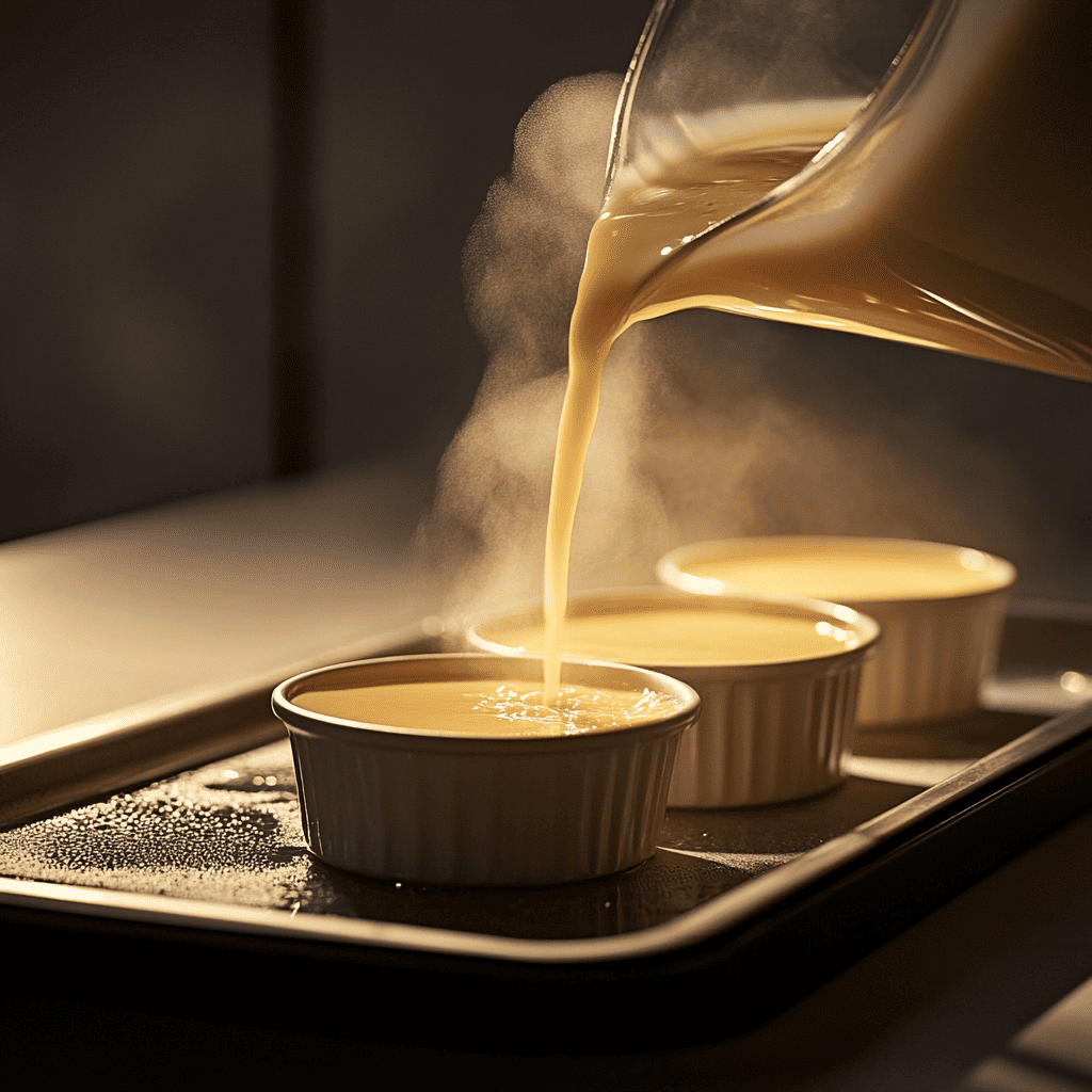 Warm custard being poured into white ramekins on a baking tray, with steam rising