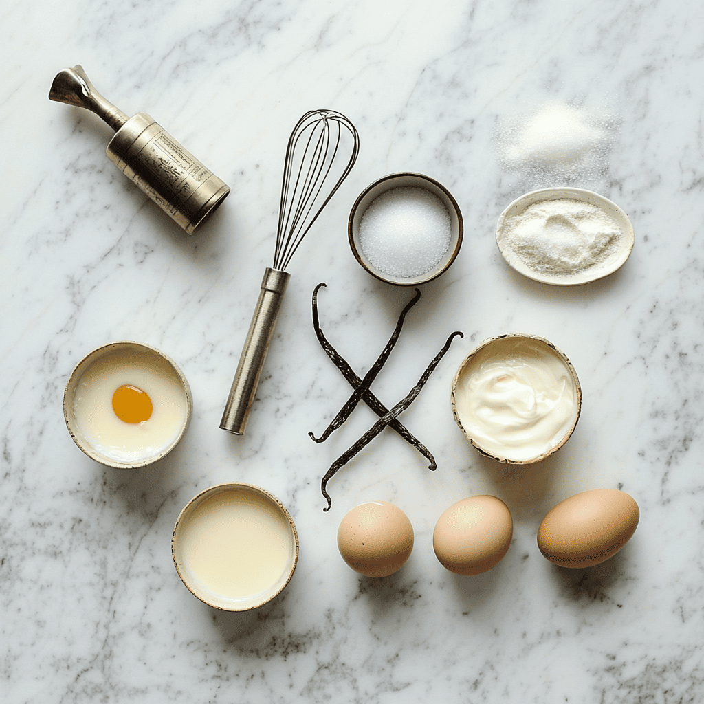 Ingredients and tools for making crème brûlée and custard, including eggs, cream, vanilla, sugar, and a torch