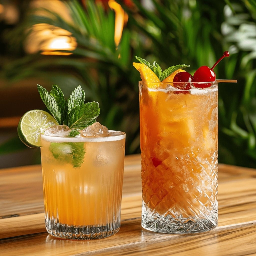 A Mai Tai and Bahama Mama cocktail placed side by side for comparison