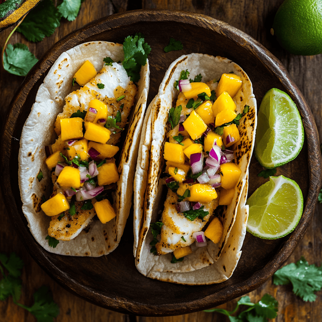 Colorful rockfish tacos with mango salsa served on warm corn tortillas