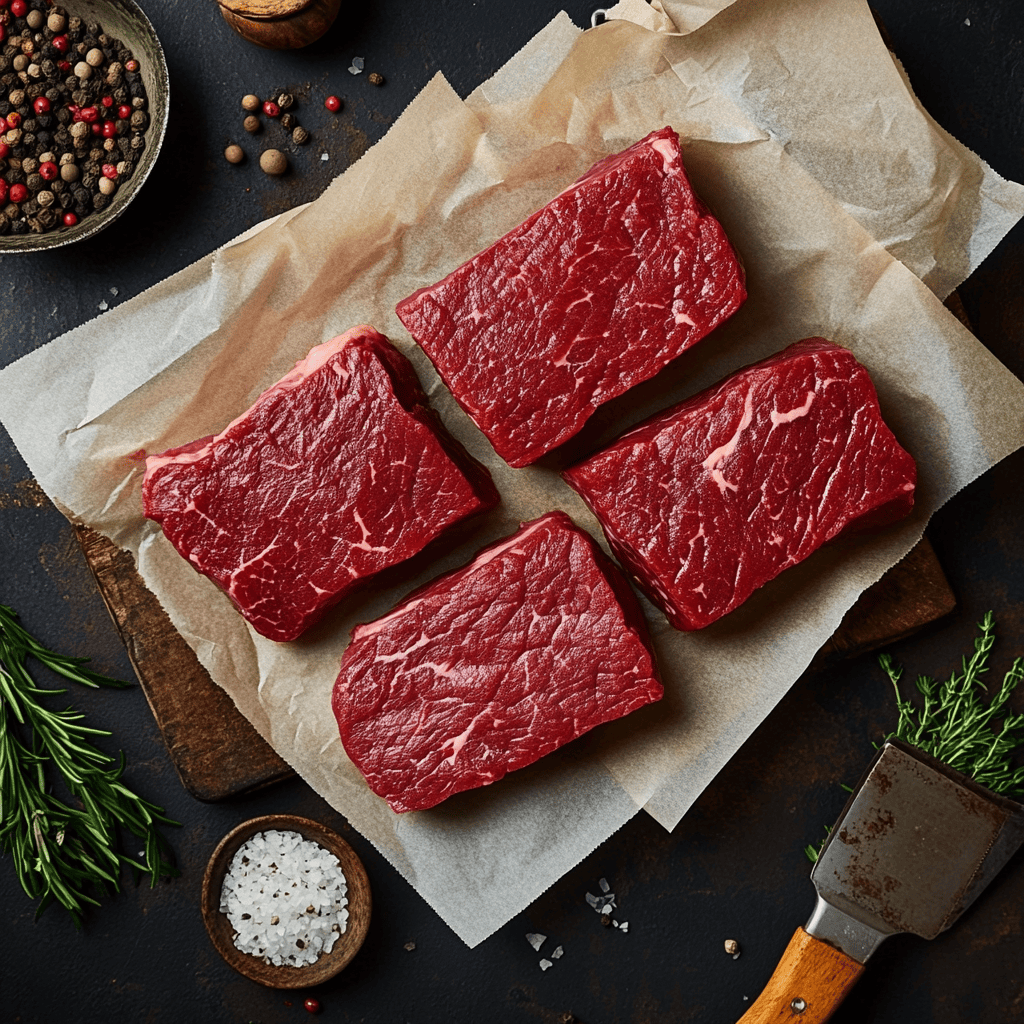 A butcher’s display of fresh bavette steaks with marbling and vibrant red color