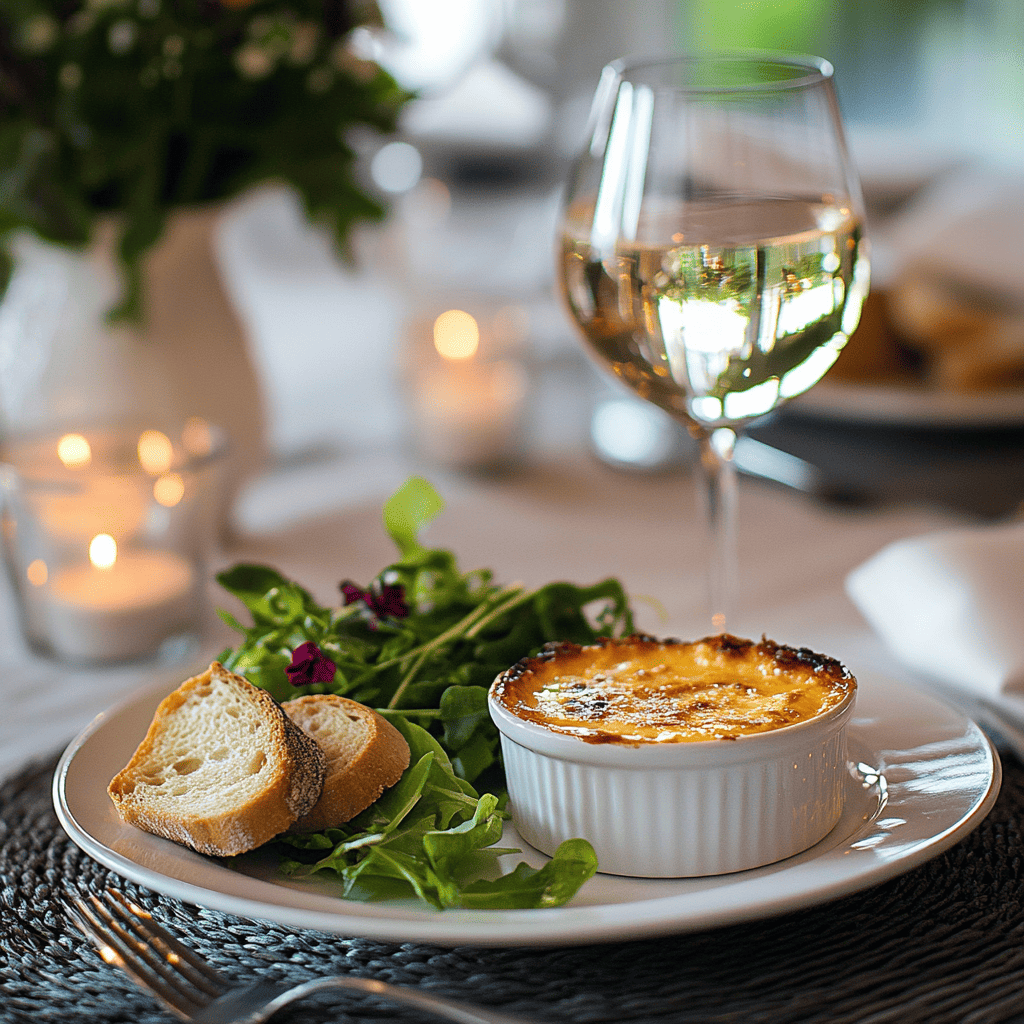 A ramekin of crab brûlée with a caramelized golden top, garnished with herbs and served with bread and salad