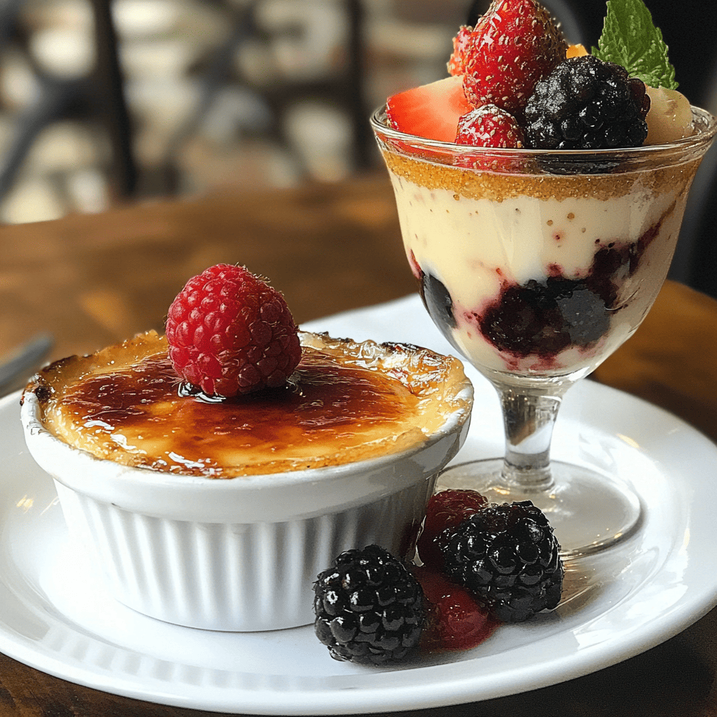 Crème brûlée in a ramekin with fresh berries on top, and custard served in a glass with a layer of fruit