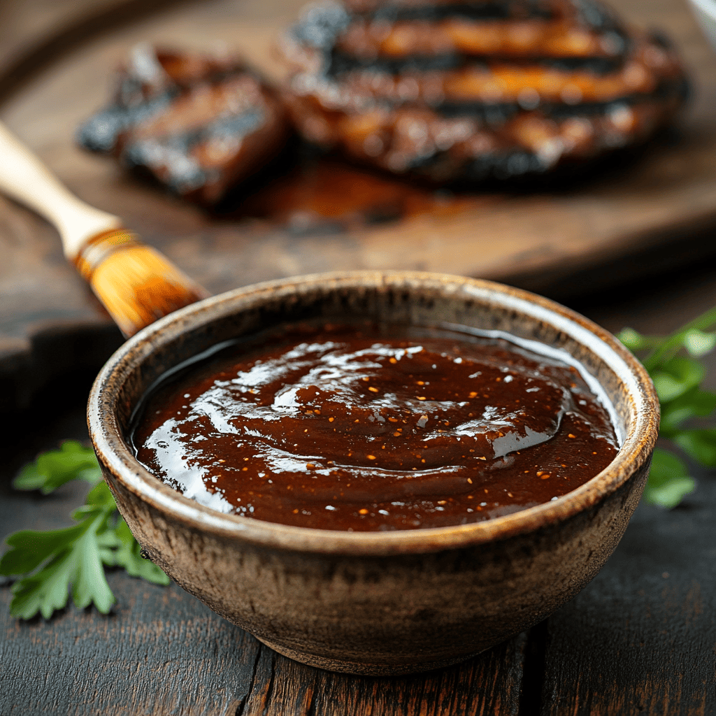 A dark, glossy smoky BBQ sauce with a barbecue brush beside it