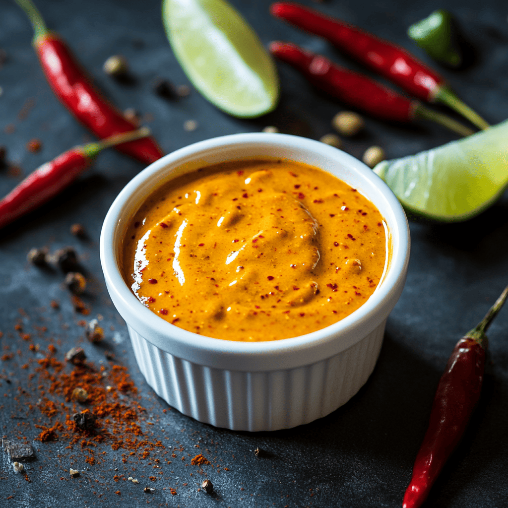 A vibrant orange spicy burger sauce with chili peppers in the background