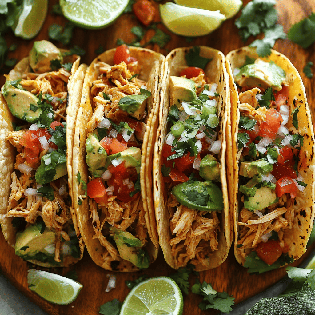 Chicken tacos topped with salsa, lettuce, and cheese served on a rustic plate