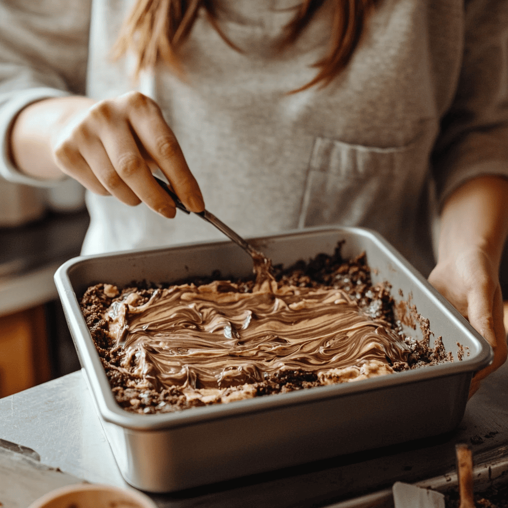 A baker layering brownie batter and cookie dough in a pan