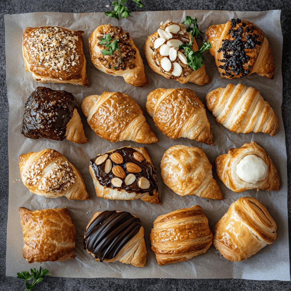 A variety of Gipfeli filled with chocolate, cheese, and sprinkled with almonds