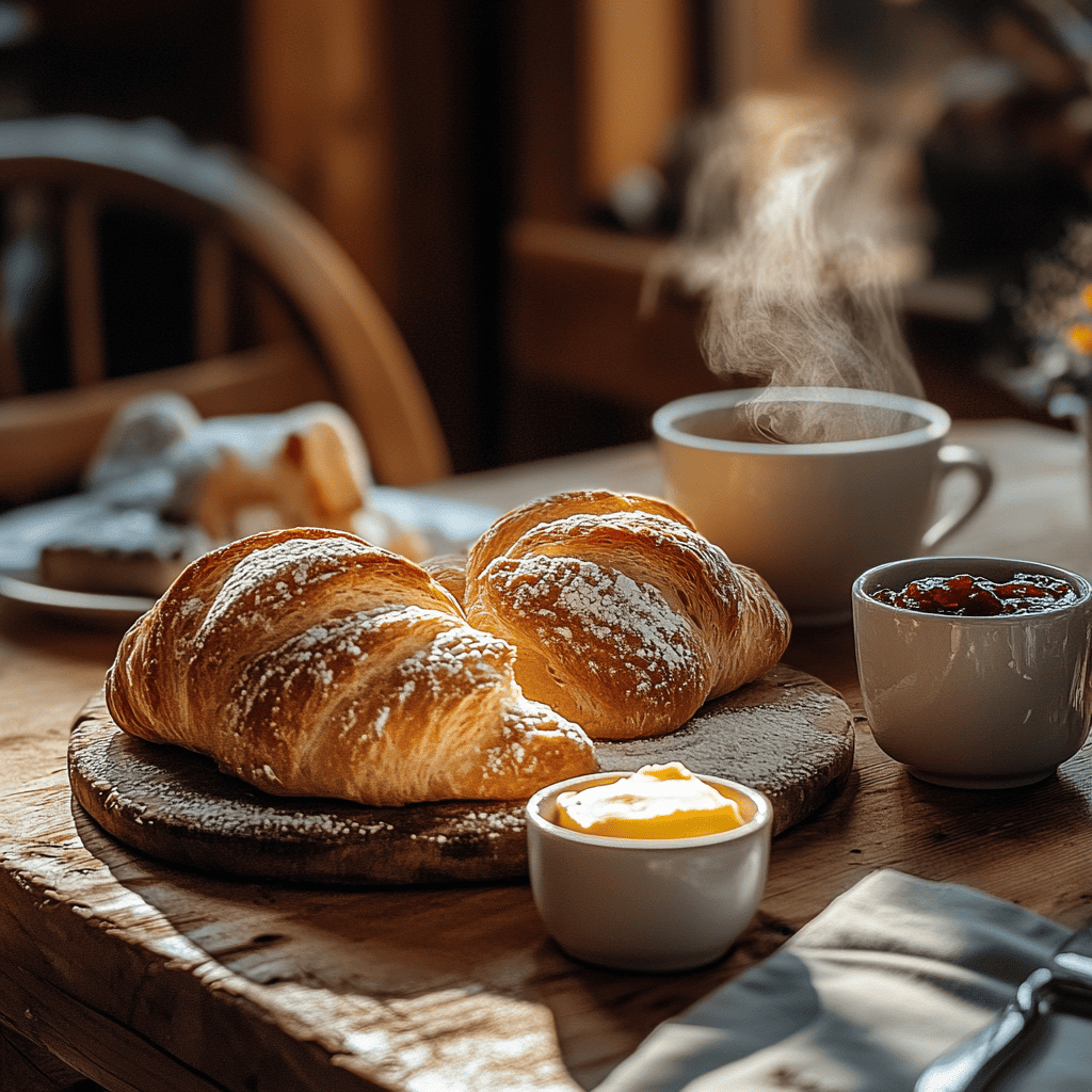 Gipfeli served with butter, jam, and a cup of coffee