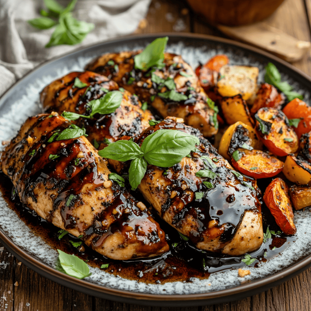 A plate of balsamic chicken breasts with a glossy glaze, garnished with fresh basil and served with roasted vegetables