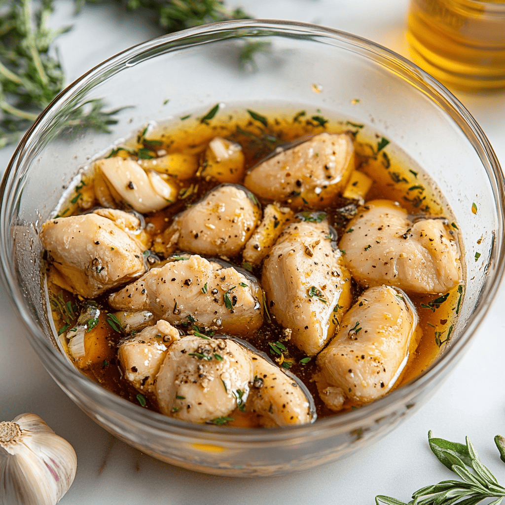 Close-up of marinated chicken in a glass bowl with a vinegar-based marinade