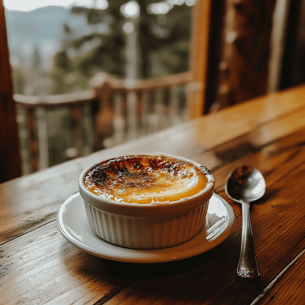 A perfectly caramelized Crème Brûlée in a white ramekin, showcasing a glossy, golden sugar crust with a subtle crackle. The dessert is garnished with a fresh mint sprig and placed on a rustic wooden surface with a dessert spoon beside it, evoking a sense of indulgence and elegance