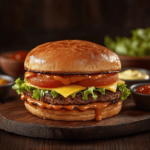 A perfectly assembled burger with a dripping gourmet sauce, surrounded by small bowls of various sauces on a rustic wooden board