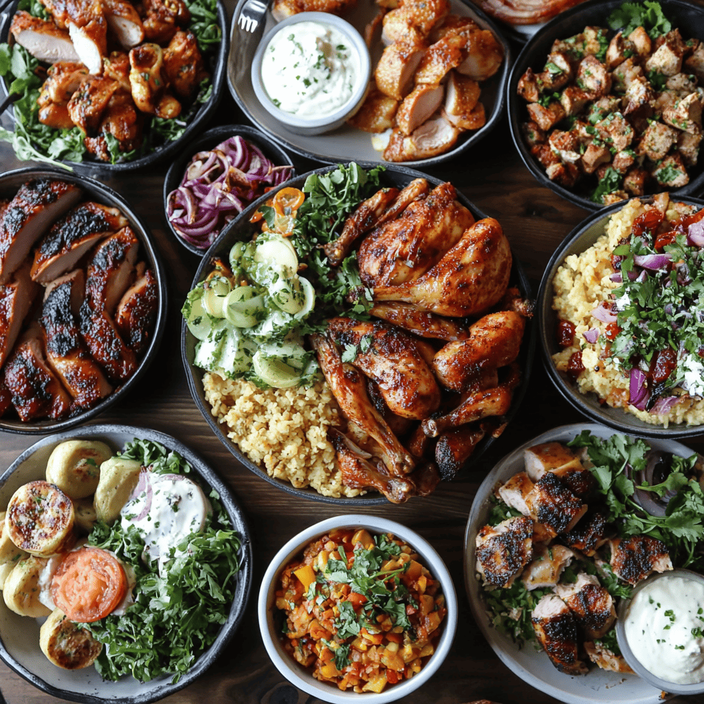 A variety of dishes made from leftover rotisserie chicken, including salads, soups, and casseroles