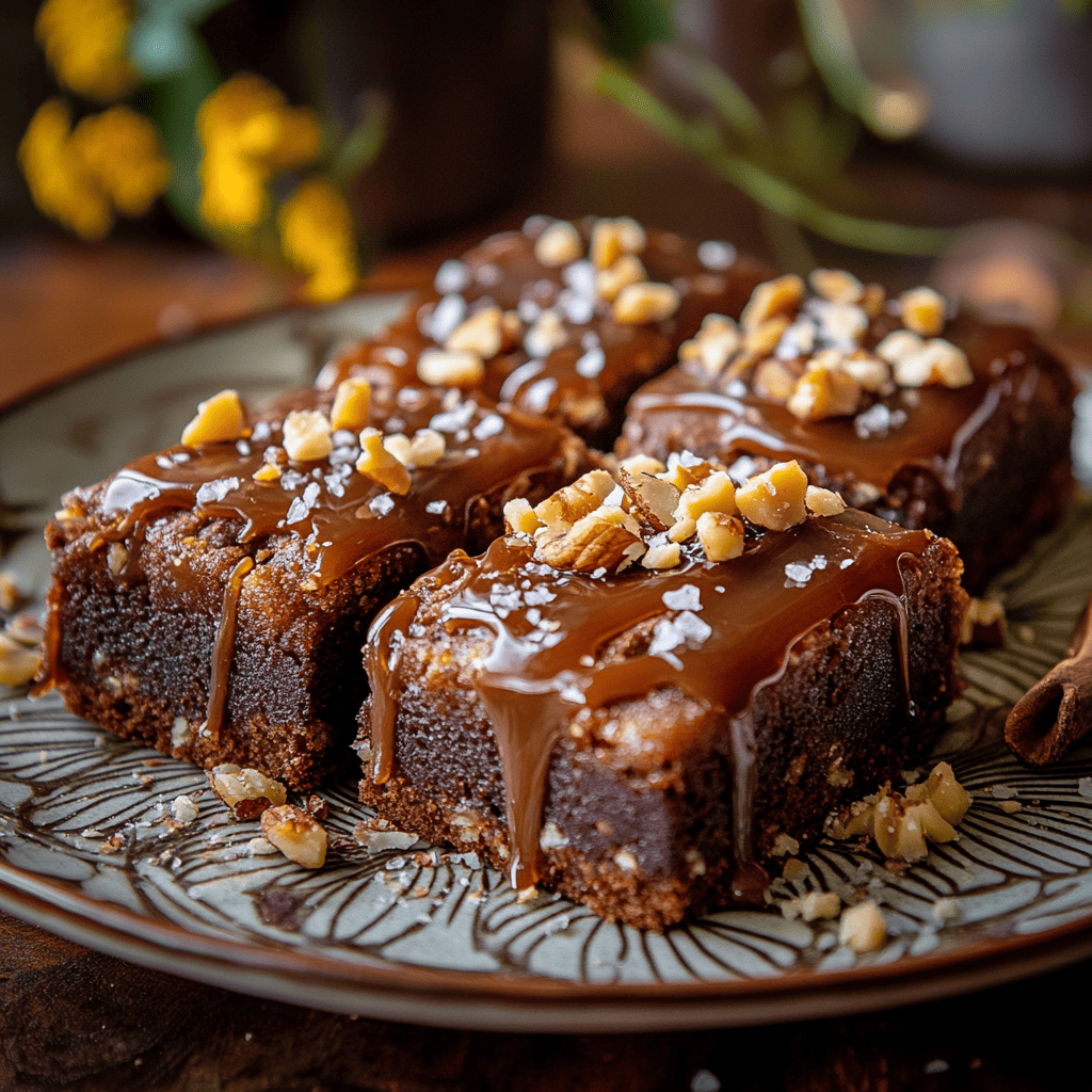 A brookie dessert topped with caramel drizzle and sea salt