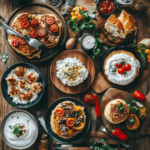 A variety of cottage cheese dishes, including pancakes, stuffed bell peppers, parfaits, and cheesecake, beautifully arranged on a rustic table