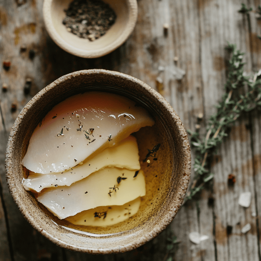 A bowl of vinegar and raw chicken breasts on a wooden countertop