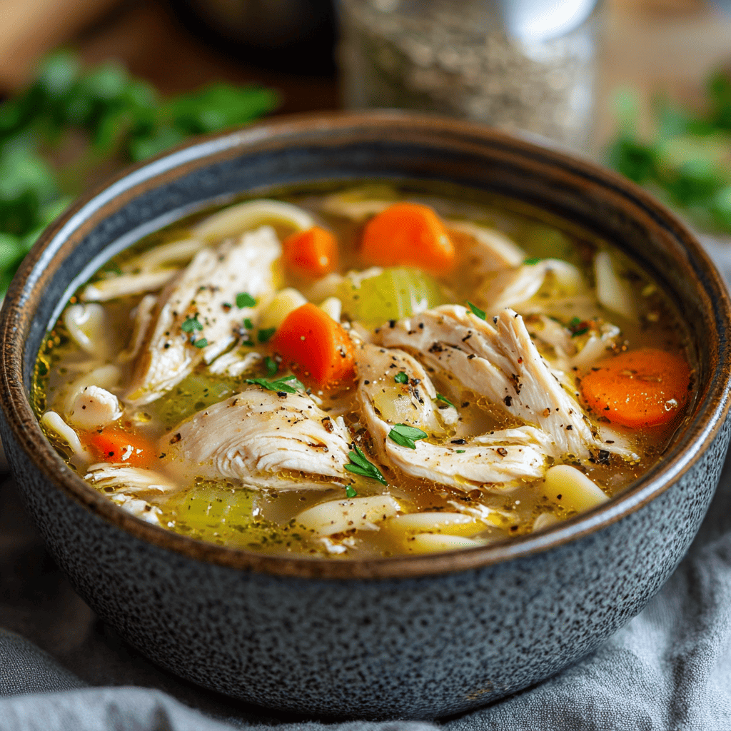 A steaming bowl of chicken noodle soup with carrots, celery, and shredded rotisserie chicken