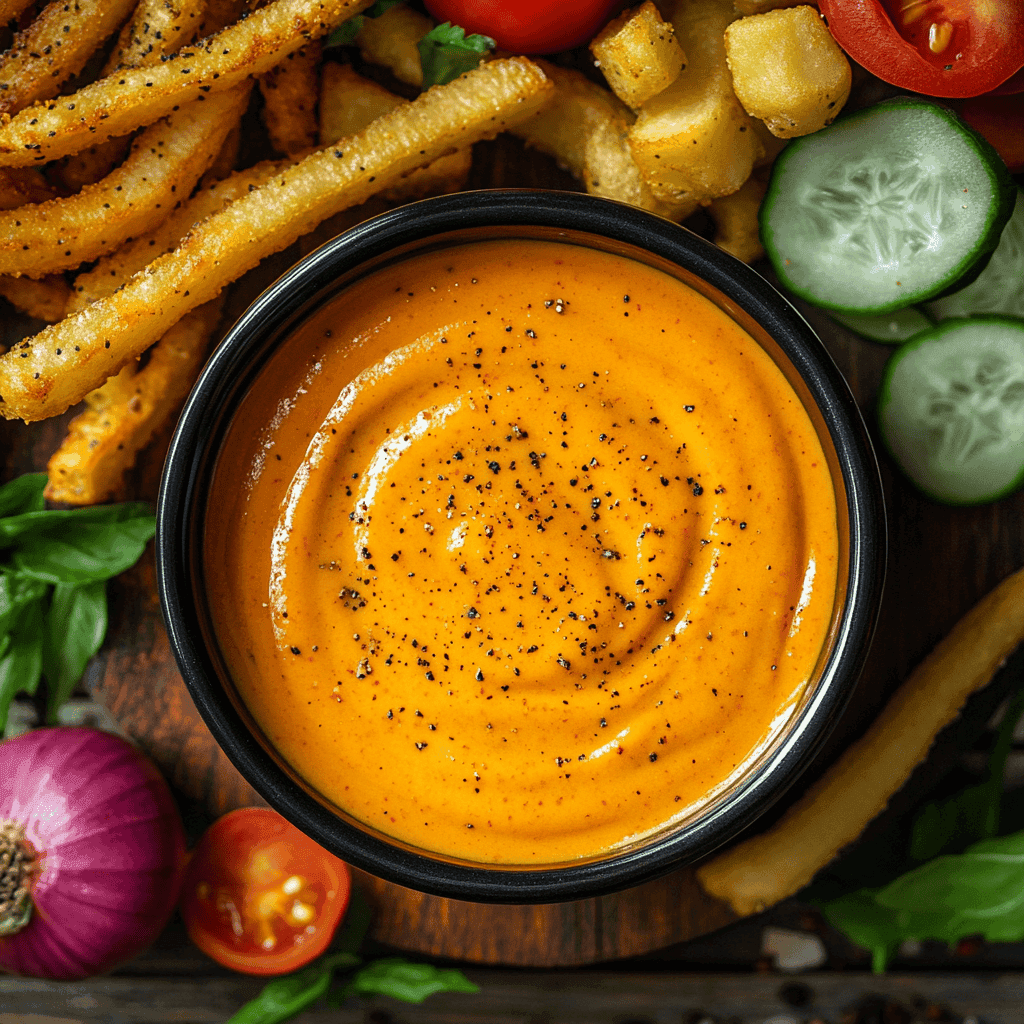 A small bowl of Bobby Flay’s burger sauce served with golden fries and fresh veggies