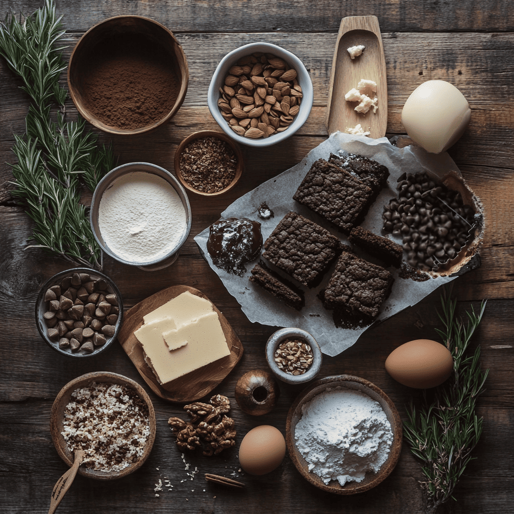 Ingredients for making brookies, including chocolate chips, butter, sugar, eggs, and flour, laid out on a wooden surface