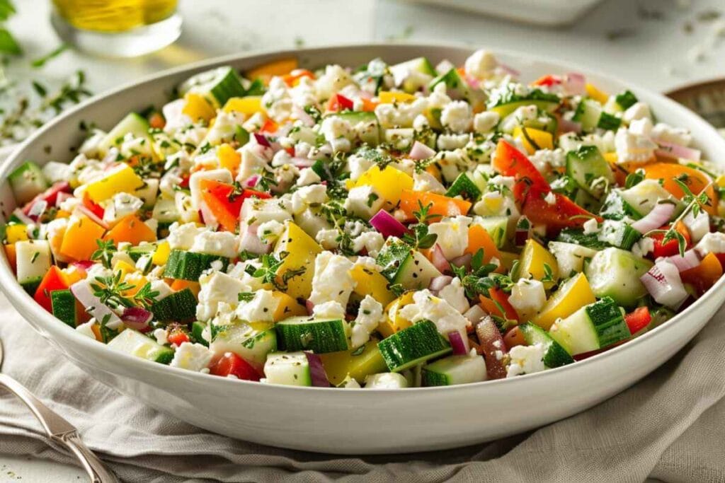 A serving of Greek salad with lemon dressing ready to be enjoyed