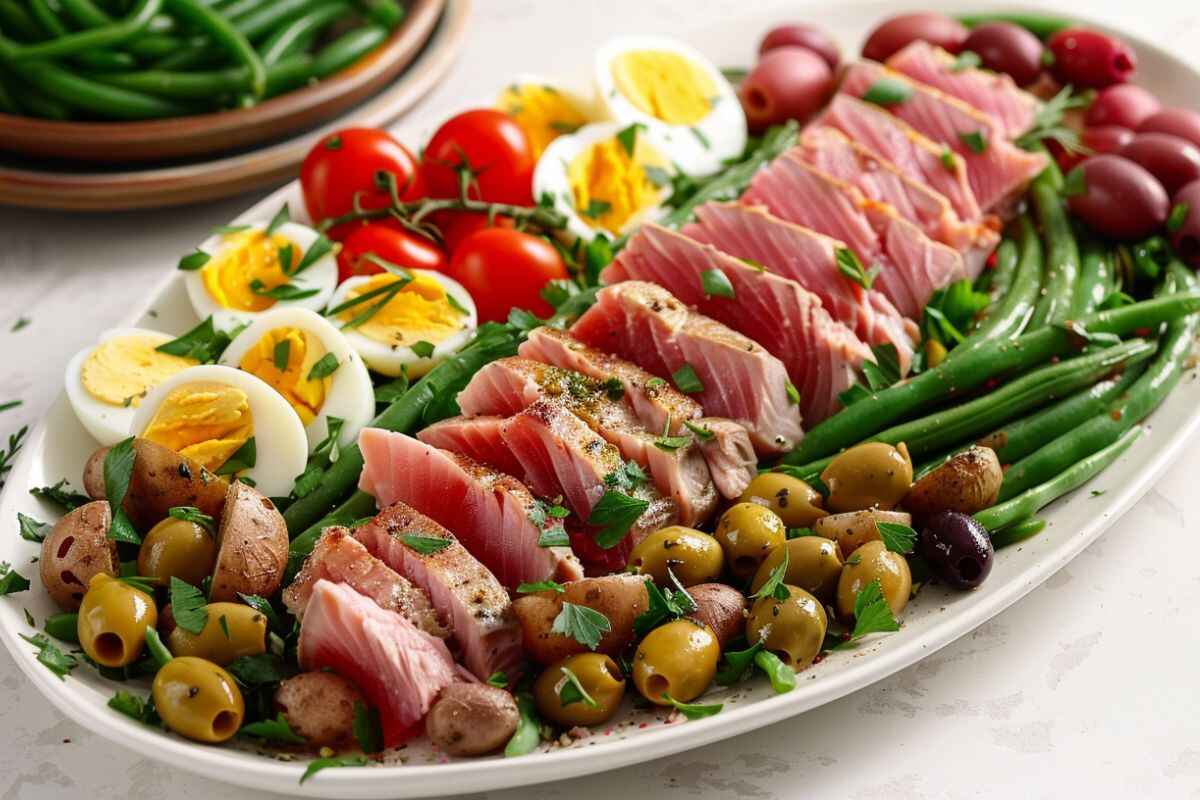 A beautifully arranged Tuna Niçoise Salad on a white platter with vibrant vegetables and seared tuna