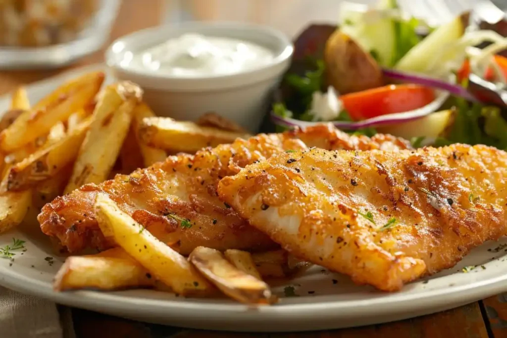 A serving of baked fish and chips on a white plate with tartar sauce and fresh salad