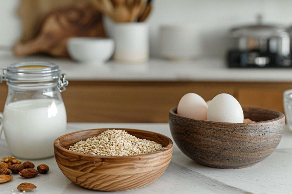 A variety of high-protein ingredients like eggs, Greek yogurt, nuts, and quinoa displayed on a kitchen countertop