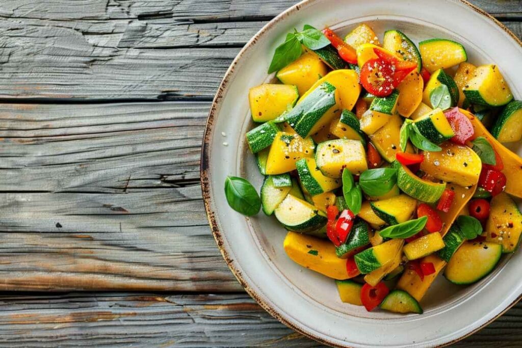 A beautifully plated Chinese squash stir-fry with vibrant vegetables and sesame seeds