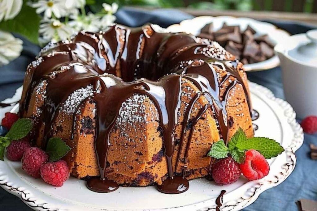 A slice of chocolate pound cake on a white plate with a drizzle of chocolate sauce and a garnish of fresh berries