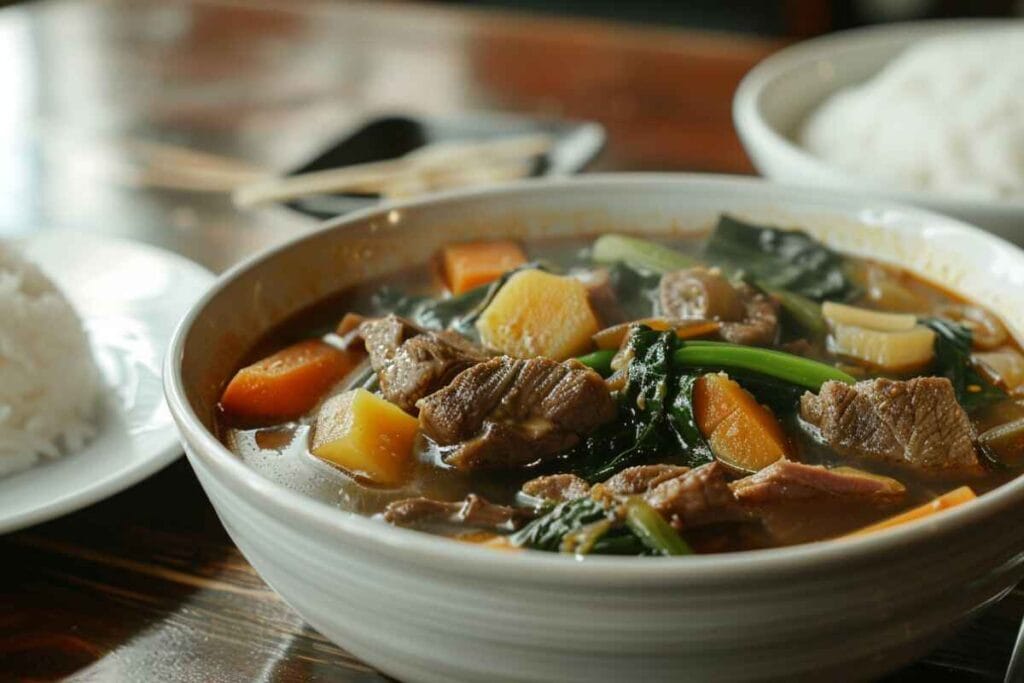 A bowl of classic sinigang with vegetables and beef