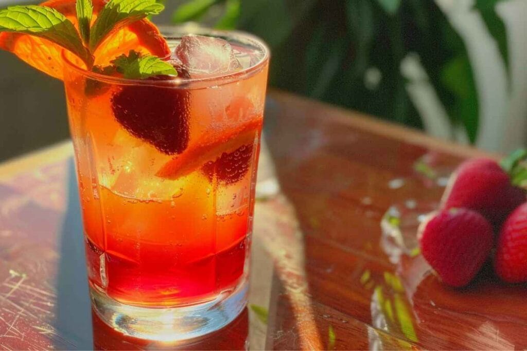 A refreshing cortisol cocktail served in a mason jar with orange slices and cinnamon sticks