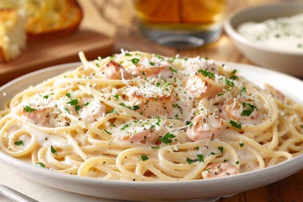 A plate of spaghetti coated in creamy white sauce with parsley garnish