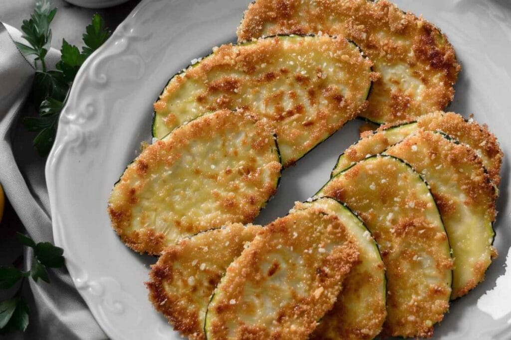 A close-up of a bite of Parmesan Crusted Zucchini dipped