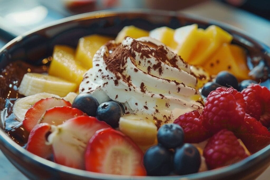 A bowl of homemade healthy ice cream garnished with fresh fruits and mint leaves