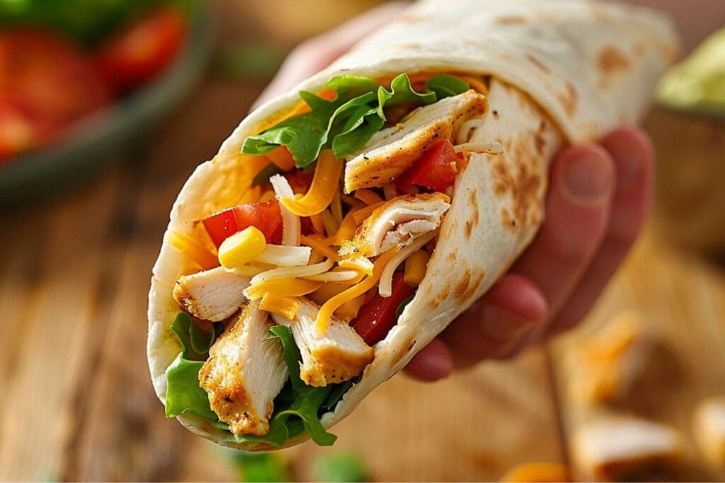 A hand holding a tightly wrapped burrito with vibrant fillings spilling out slightly, ready to be enjoyed