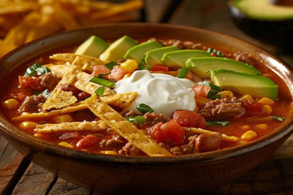 A bowl of taco soup frios with toppings like sour cream, avocado, and tortilla strips