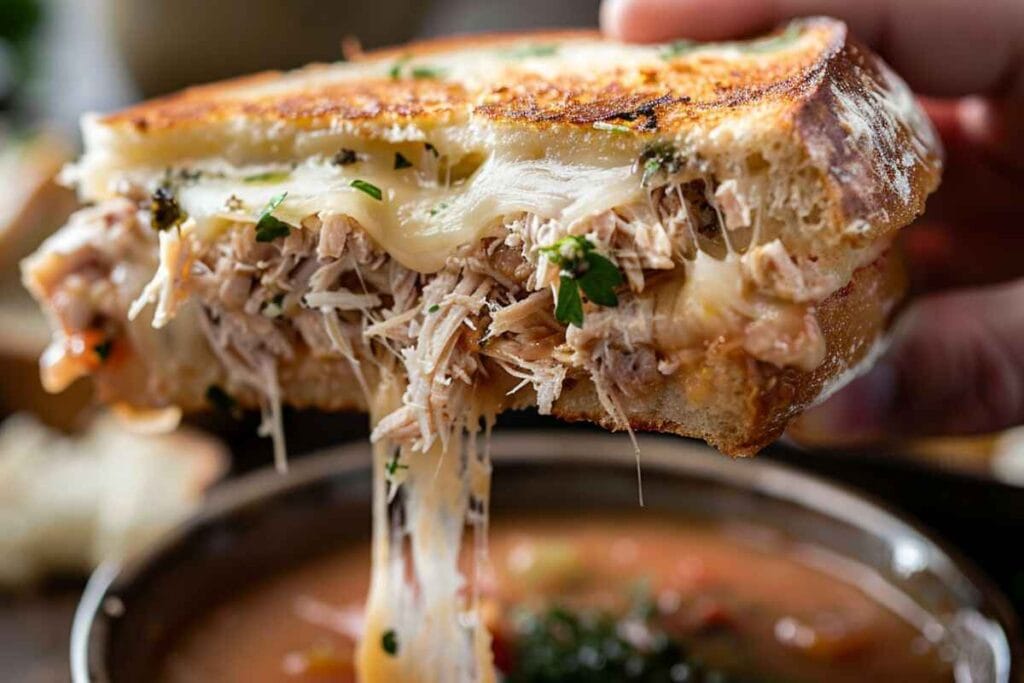 A person holding a warm tuna melt sandwich, with gooey cheese stretching as they take a bite, paired with a bowl of soup on the table