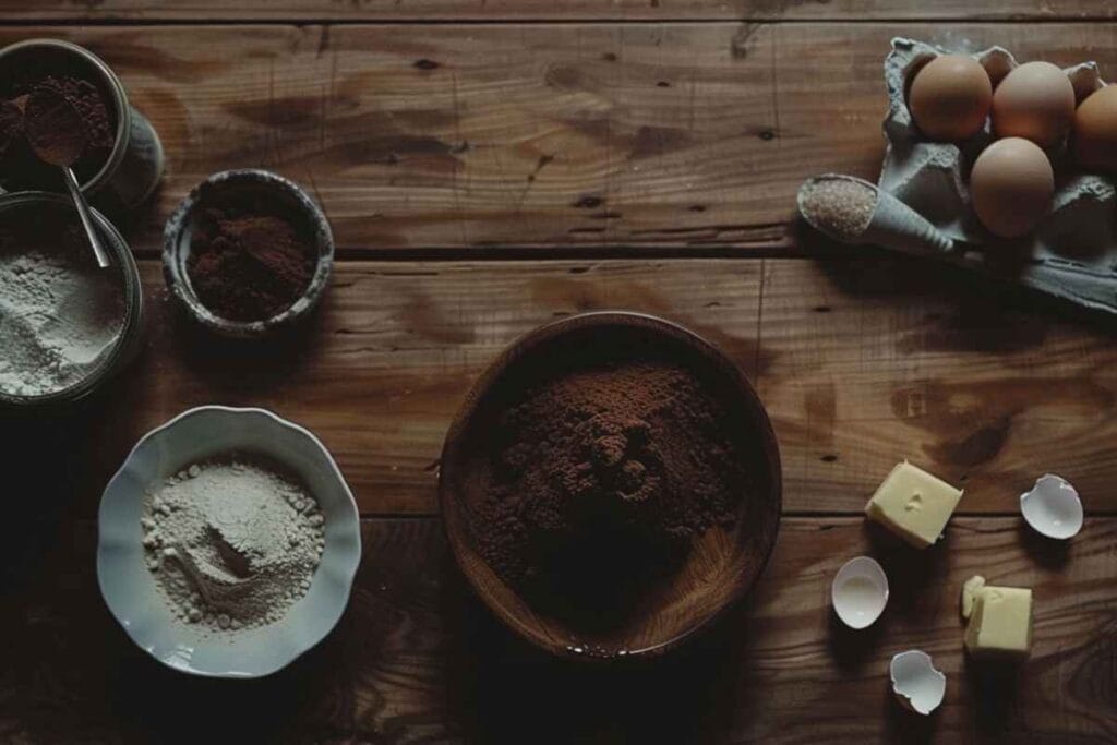 Cocoa powder, eggs, butter, sugar, and flour arranged neatly on a kitchen counter