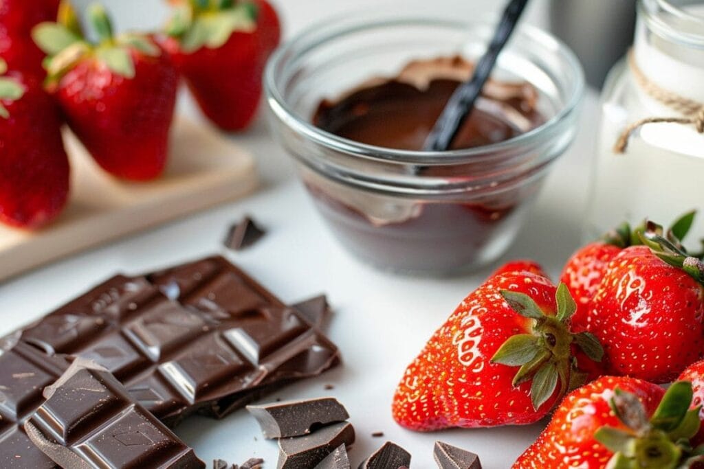 A close-up of coconut milk, strawberries, and chocolate chunks