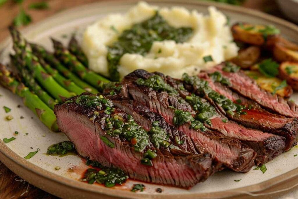 A plated flat iron steak dish served with mashed potatoes and grilled asparagus, drizzled with chimichurri sauce