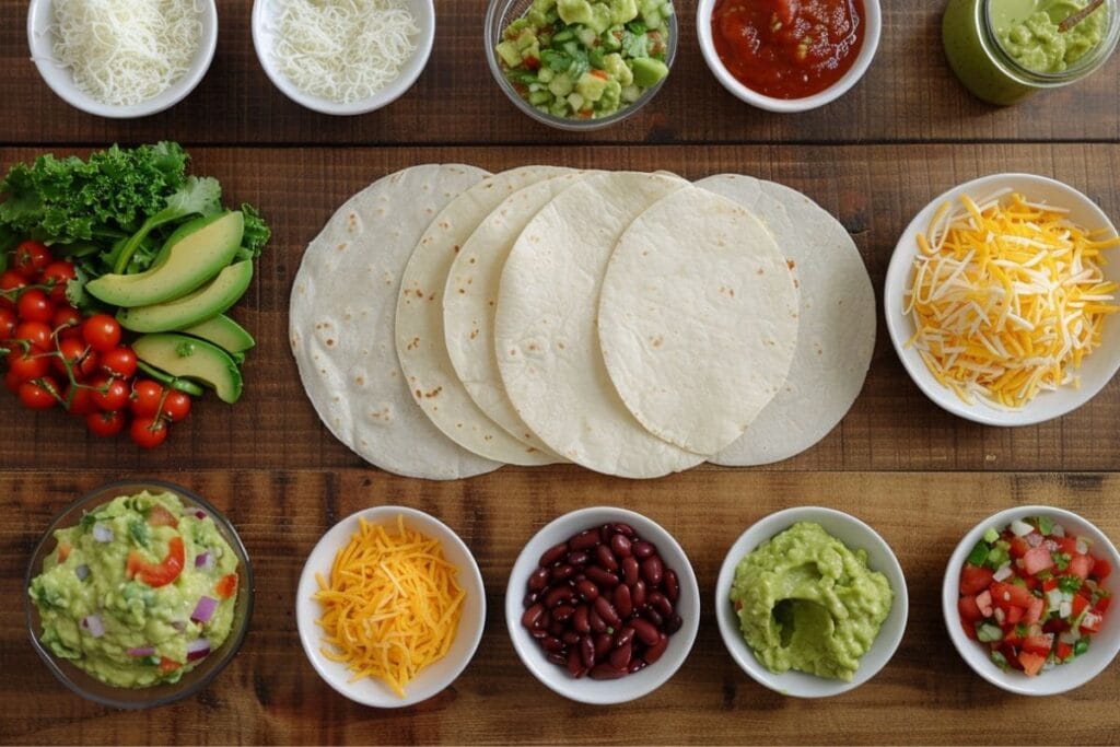 A flat lay of fresh burrito ingredients including tortillas, rice, beans, guacamole, salsa, and vegetables