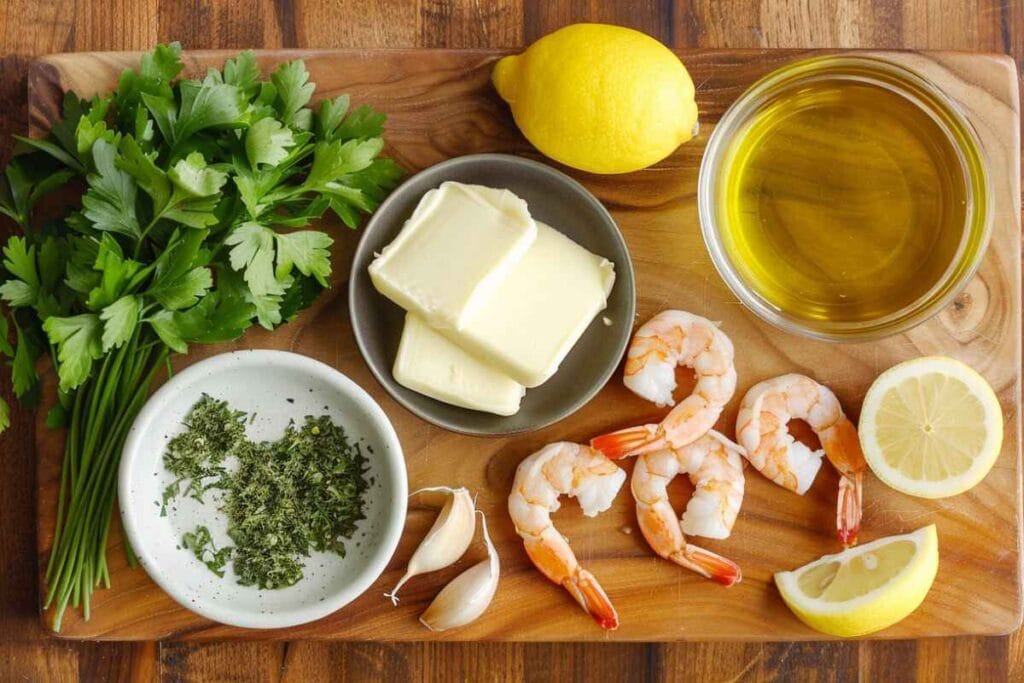 Raw shrimp, fresh garlic cloves, parsley, butter, olive oil, and lemon on a cutting board