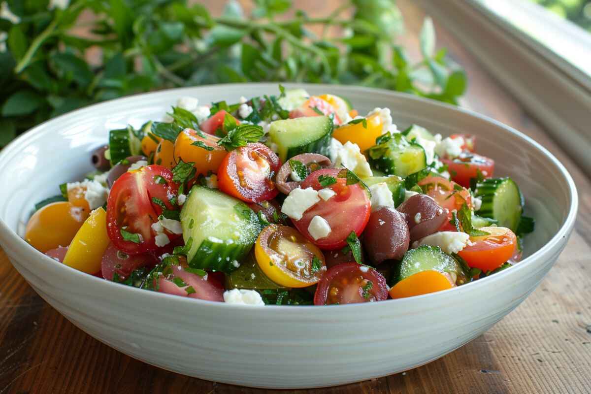 A bowl of Greek salad with cucumbers, tomatoes, feta cheese, olives, and lemon dressing