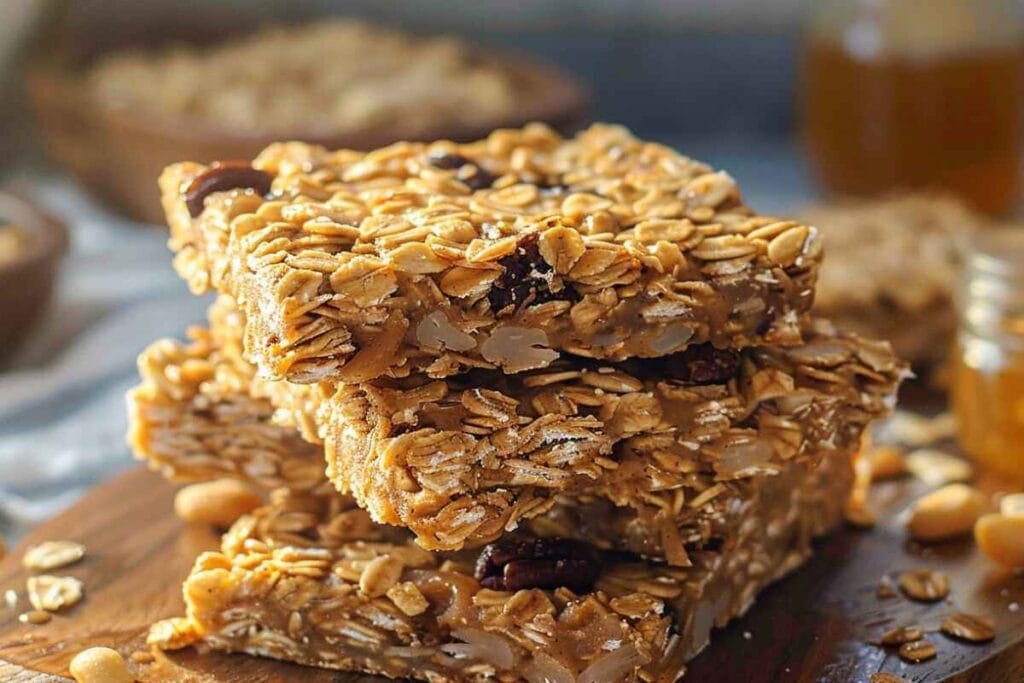 A stack of homemade chewy granola bars placed on a rustic wooden platter, surrounded by oats, nuts, and honey jars