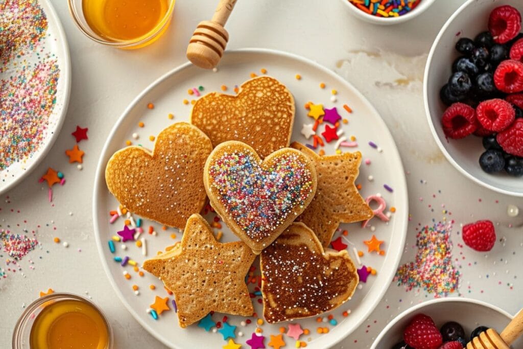 Kid-friendly whole grain pancakes shaped like stars and hearts